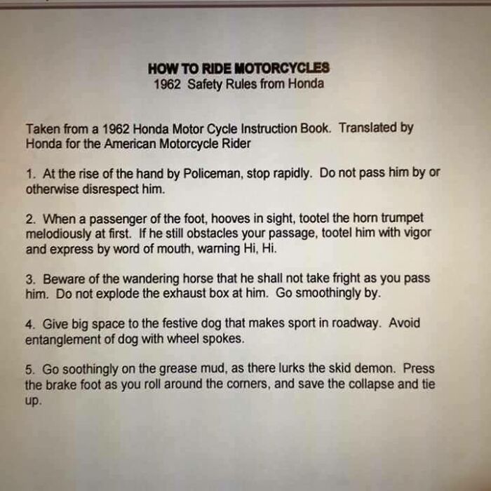 A printed page showing hilarious rules from a 1962 Honda instruction manual translated into English.