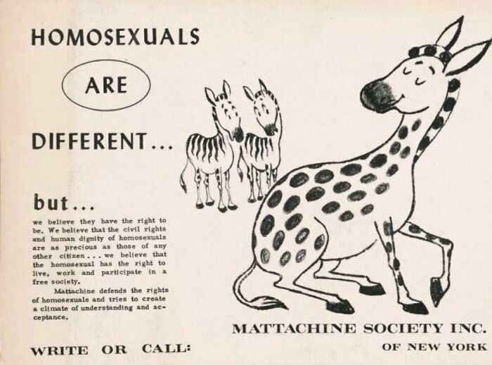 Mattachine Society ad advocating rights for homosexuals with cartoon spotted animal