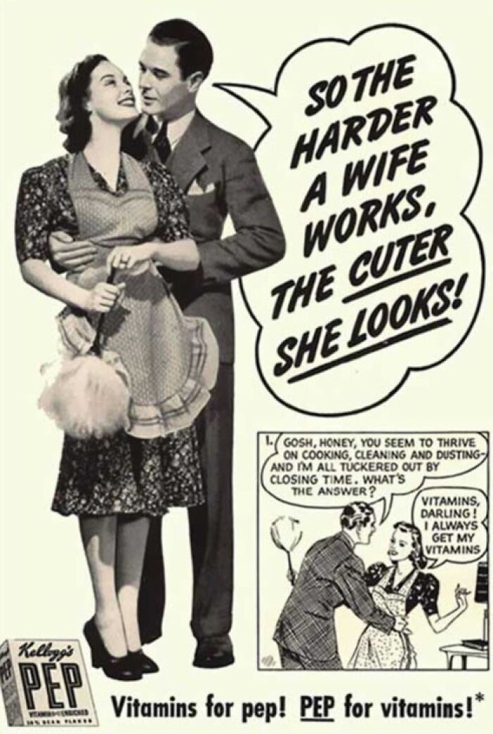 Retro advertisement showing a wife and husband promoting Kellogg's Pep vitamins for pep