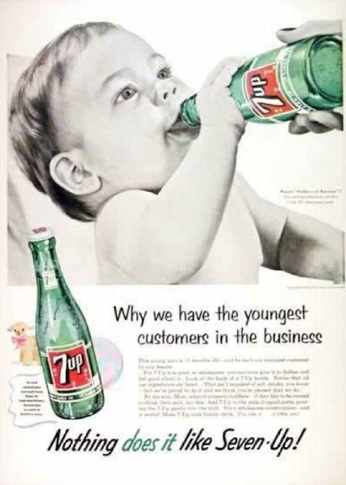 Vintage 7up ad featuring a baby drinking from a 7up bottle highlighting youngest customers
