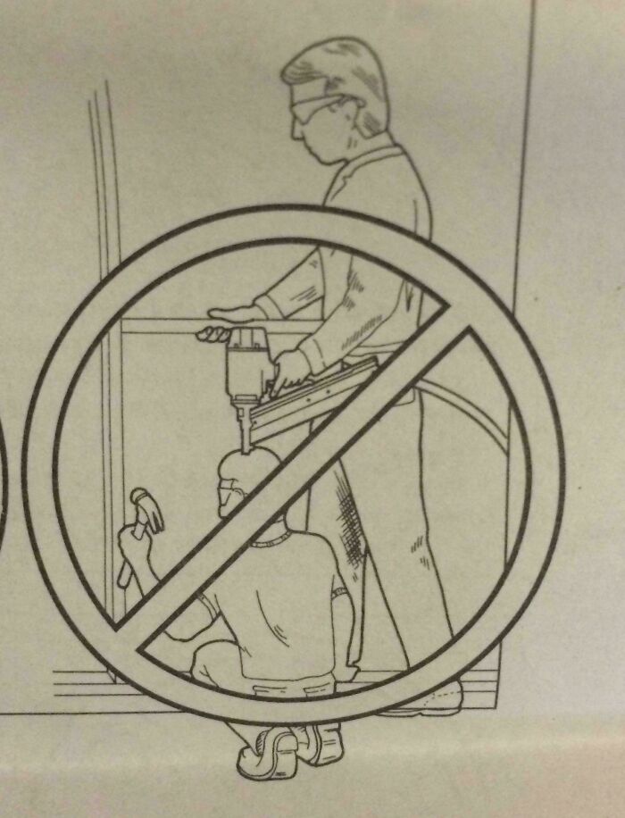 Confusing instructions diagram showing a man aiming a nail gun at another person's head