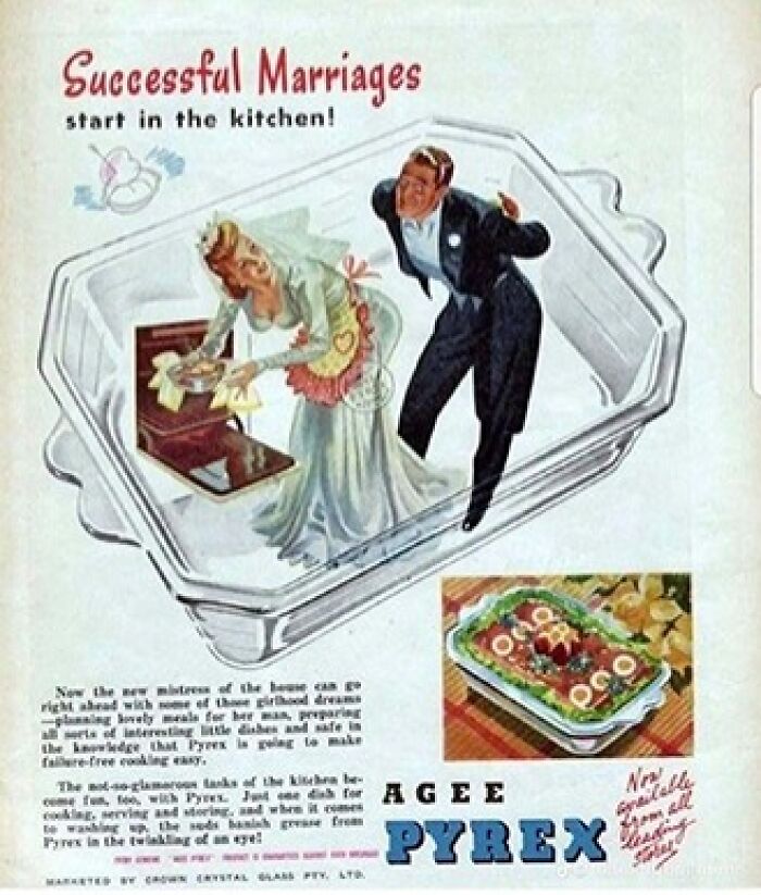 Pyrex cookware ad linking successful marriages to kitchen tasks