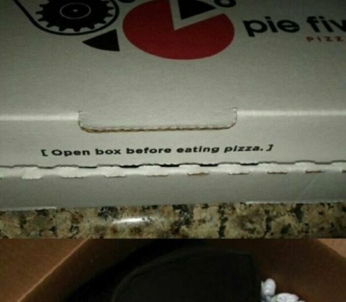 A pizza box featuring funny and confusing instructions that say 'Open box before eating pizza.'
