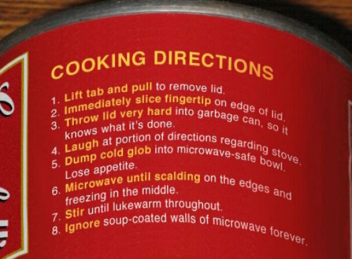 A red can label displaying hilariously confusing instructions and sarcastic cooking directions.