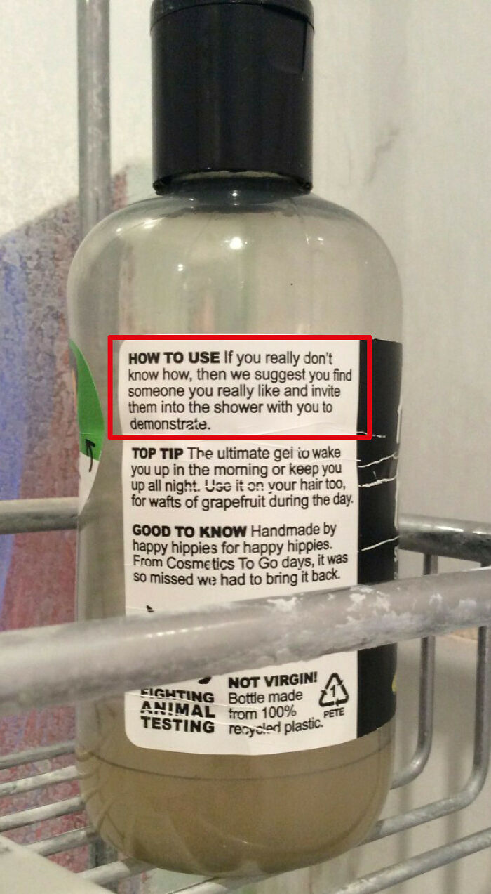 A soap bottle featuring funny and confusing instructions on how to use it in the shower.