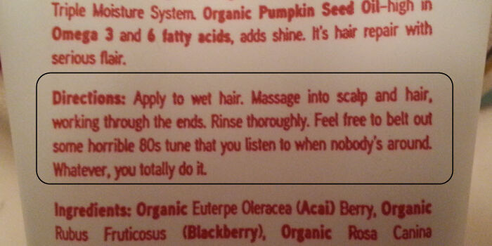 Shampoo bottle showing funny directions to belt out an 80s tune while washing hair.