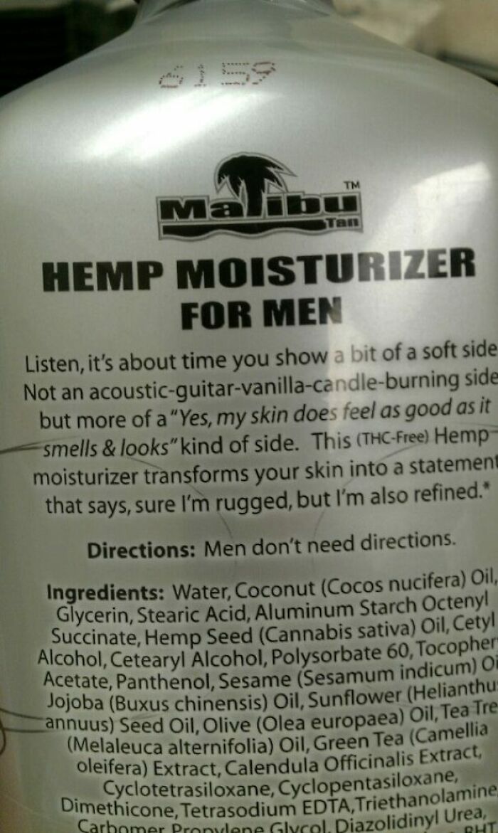 Lotion bottle featuring confusing instructions humorously stating men do not need directions
