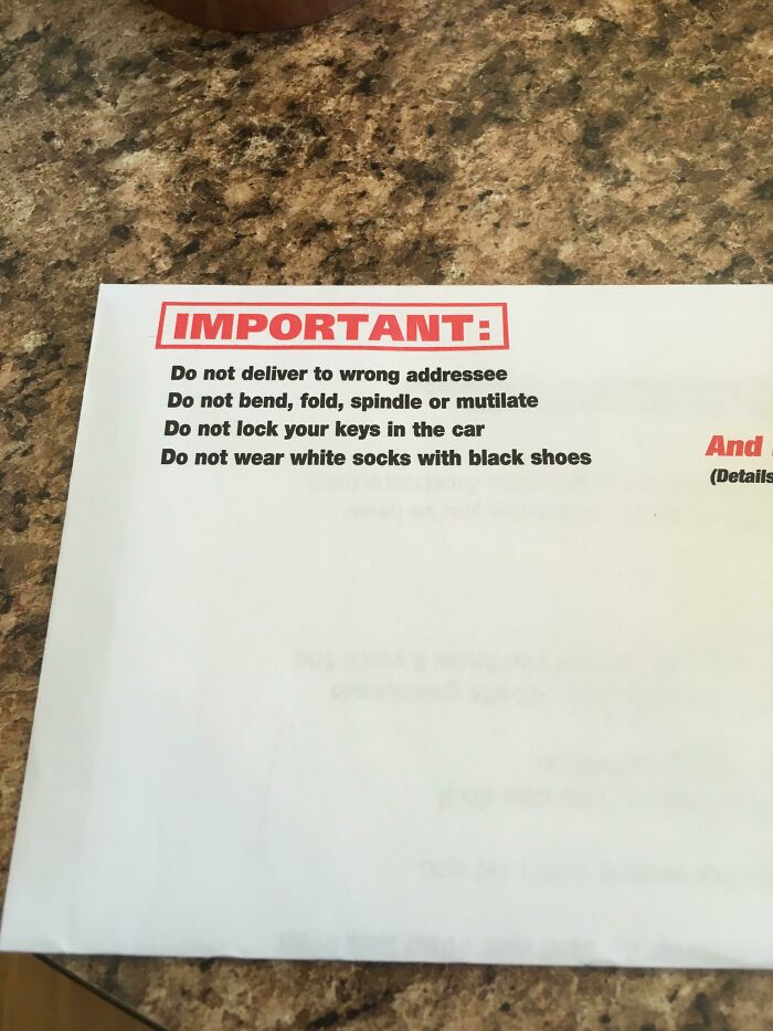 Envelope printed with a list of absurdly confusing instructions under important notice