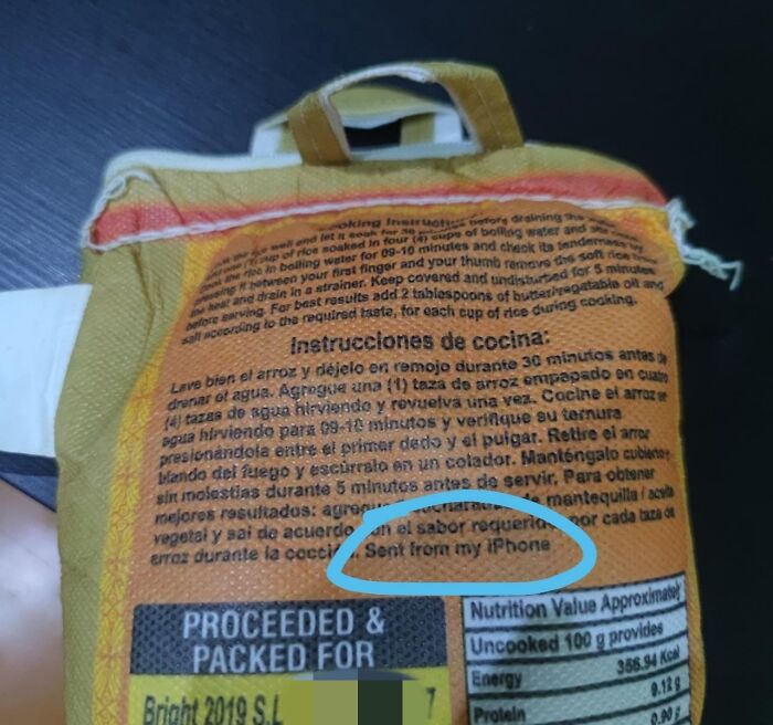 Back of a rice bag showing confusing instructions that end with Sent from my iPhone