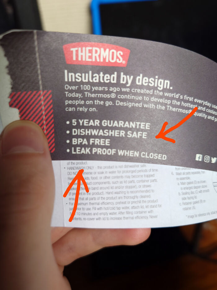 Confusing labels on product packaging showing contradictory dishwasher safe and hand wash only care rules.