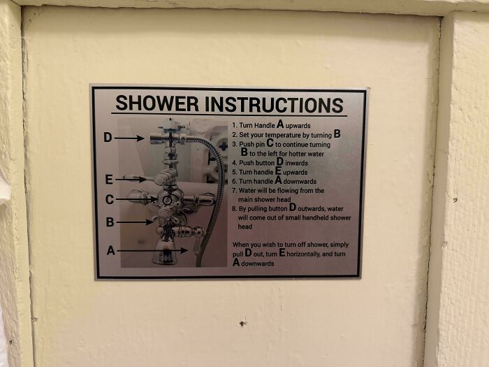 A metal sign displaying complicated shower instructions alongside a diagram of labelled handles and valves.