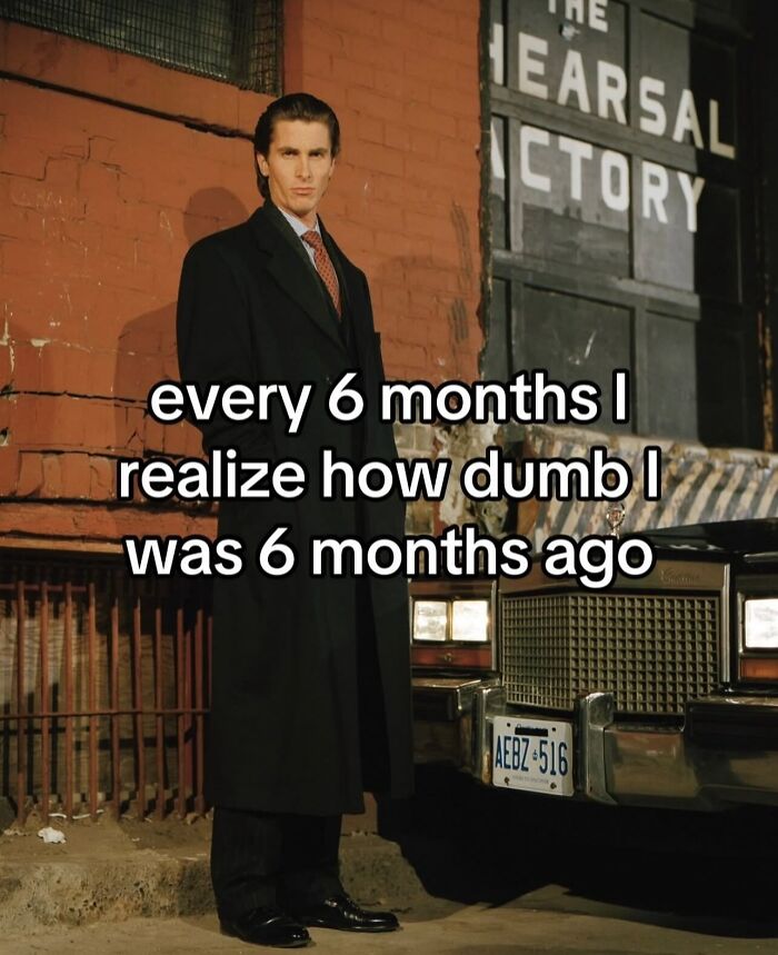 A man in a trench coat with text about personal growth, a funny meme included in a collection of random photos