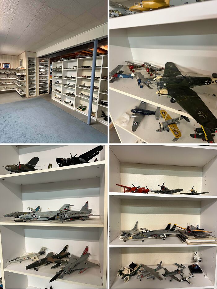 Collection of detailed miniature aircraft models displayed on shelves