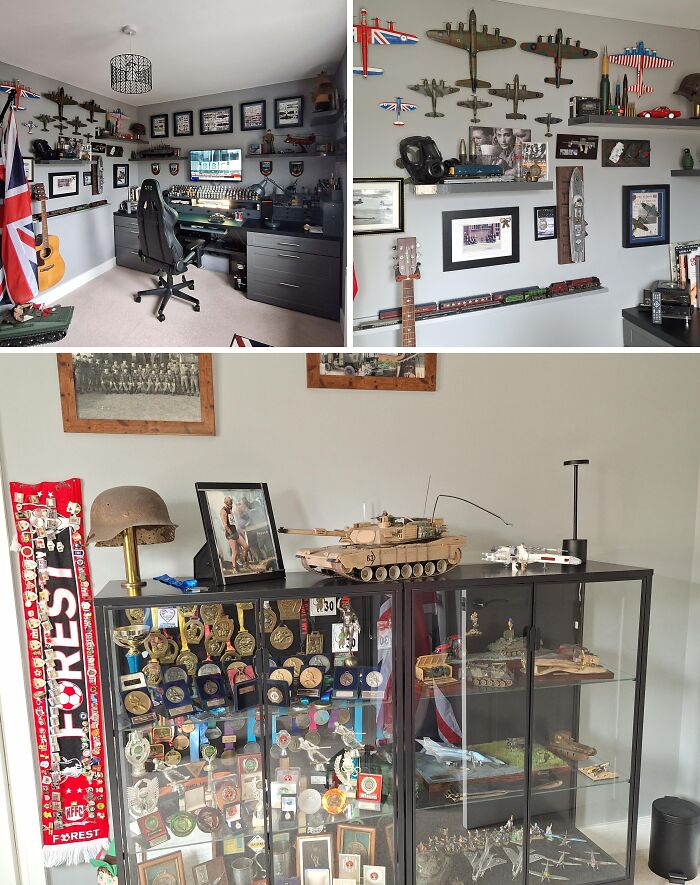 Room filled with miniature military models and collectibles showcasing craftsmanship