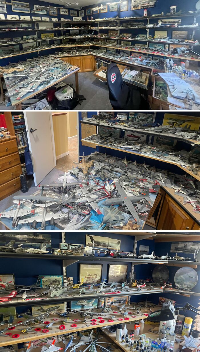 Room filled with detailed miniature airplane models on shelves and tables