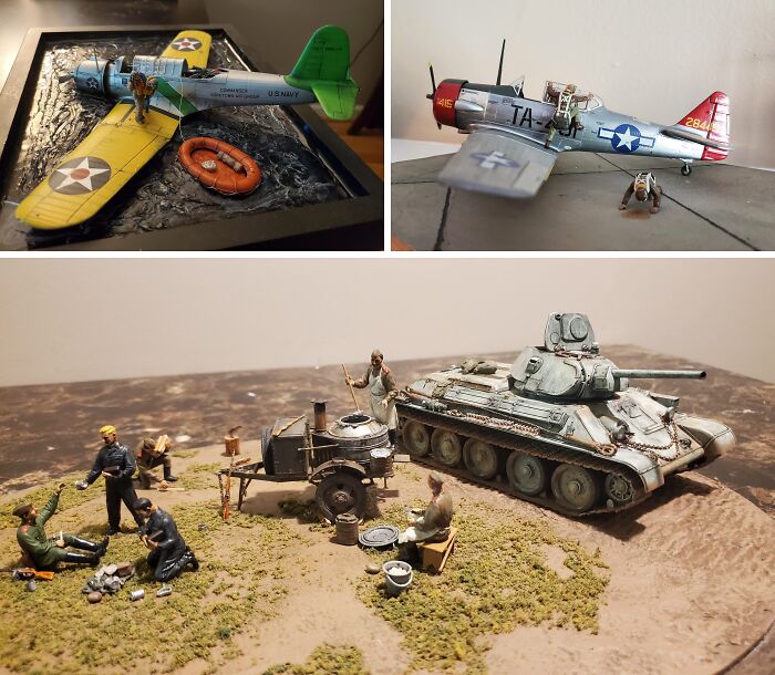 Miniature diorama with detailed military figures, tanks, and aircraft models