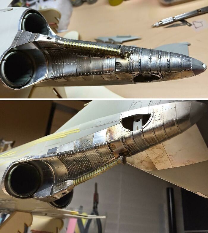 Close-up of a highly detailed metallic miniature aircraft model