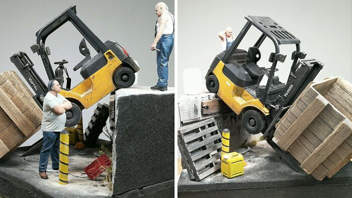 Miniature forklift model with tiny figures demonstrating realistic warehouse scene