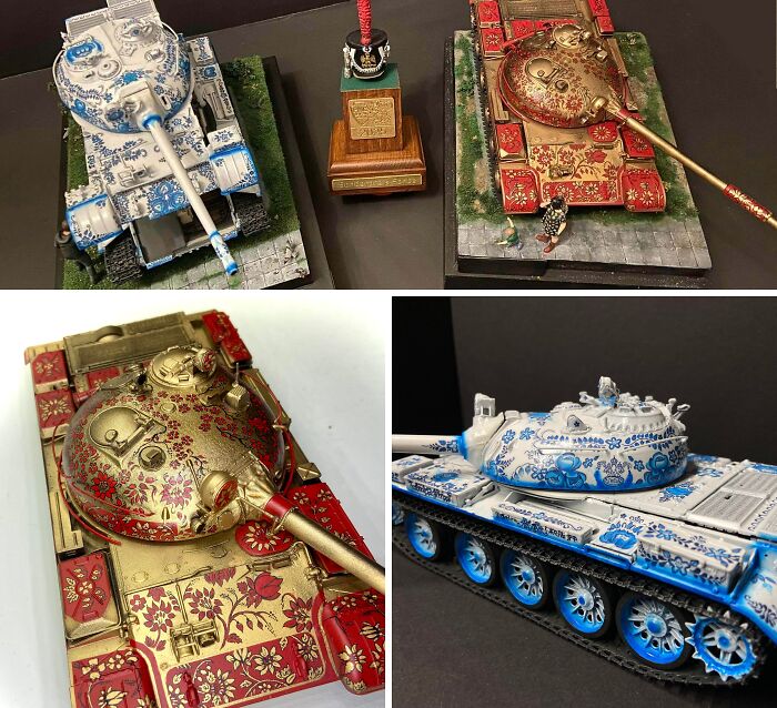 Miniature tanks decorated with intricate floral patterns in red, blue, and gold