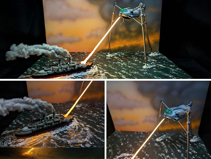 Miniature models of a ship and tripod firing a laser in detailed craftsmanship