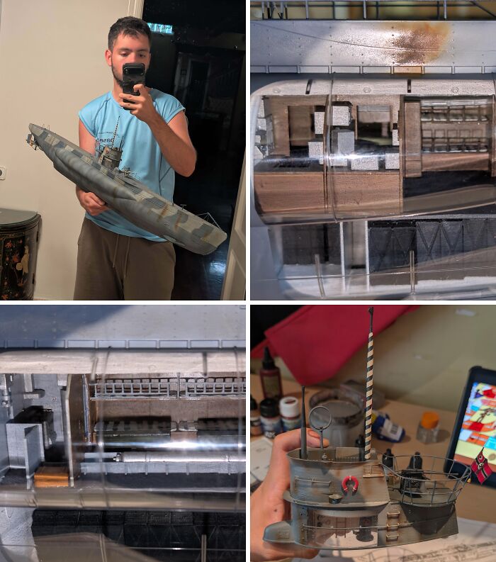 Detailed submarine miniature model held by a person showcasing craftsmanship