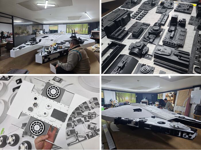 Workshop scene showing large-scale miniature spaceship model and various detailed parts