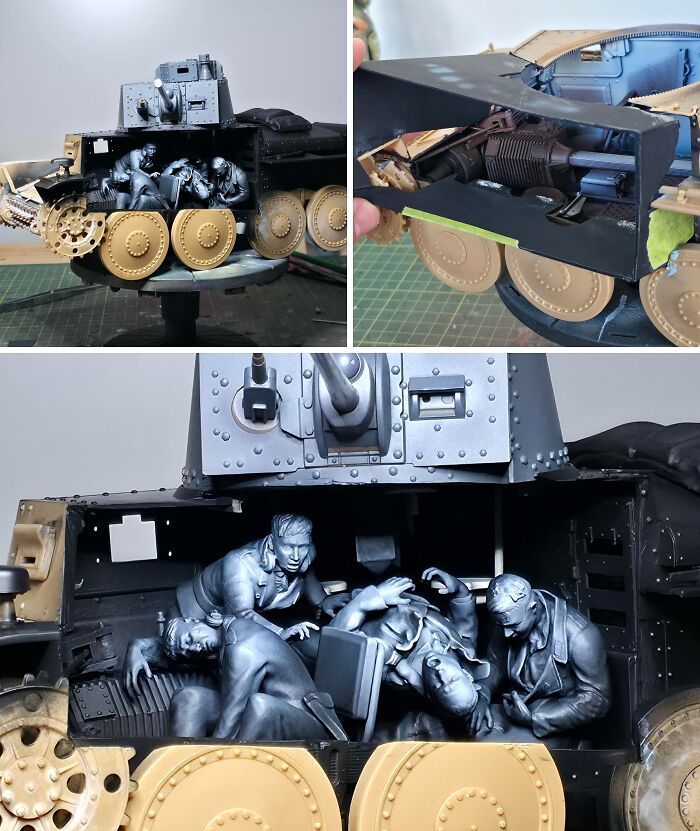 Miniature military vehicle model with finely detailed soldiers inside and mechanical parts
