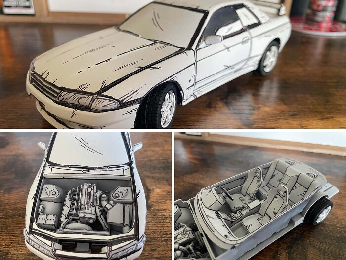 Intricately crafted cardboard car model with detailed engine and interior