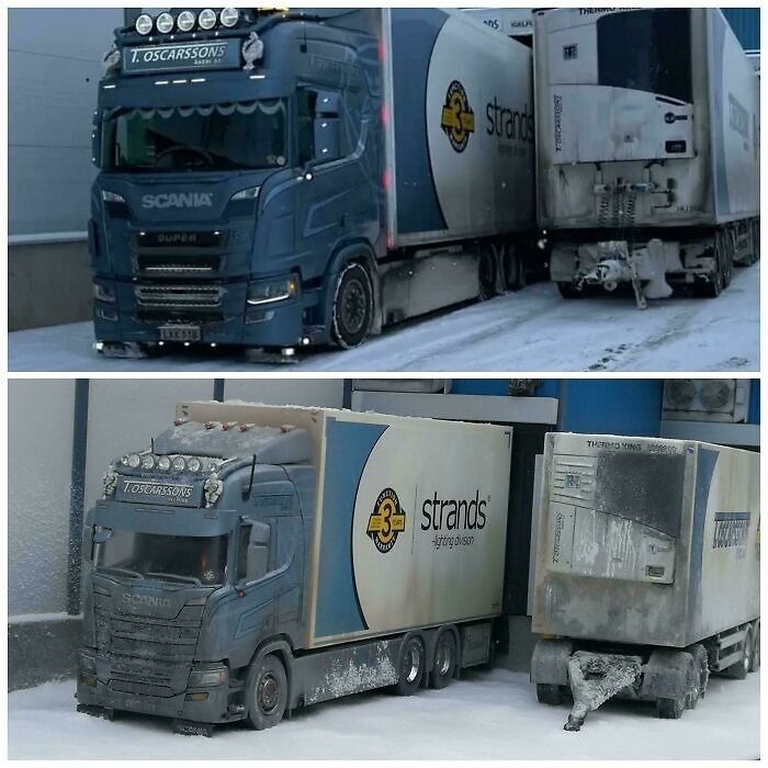 Realistic miniature truck models with snowy weather effects