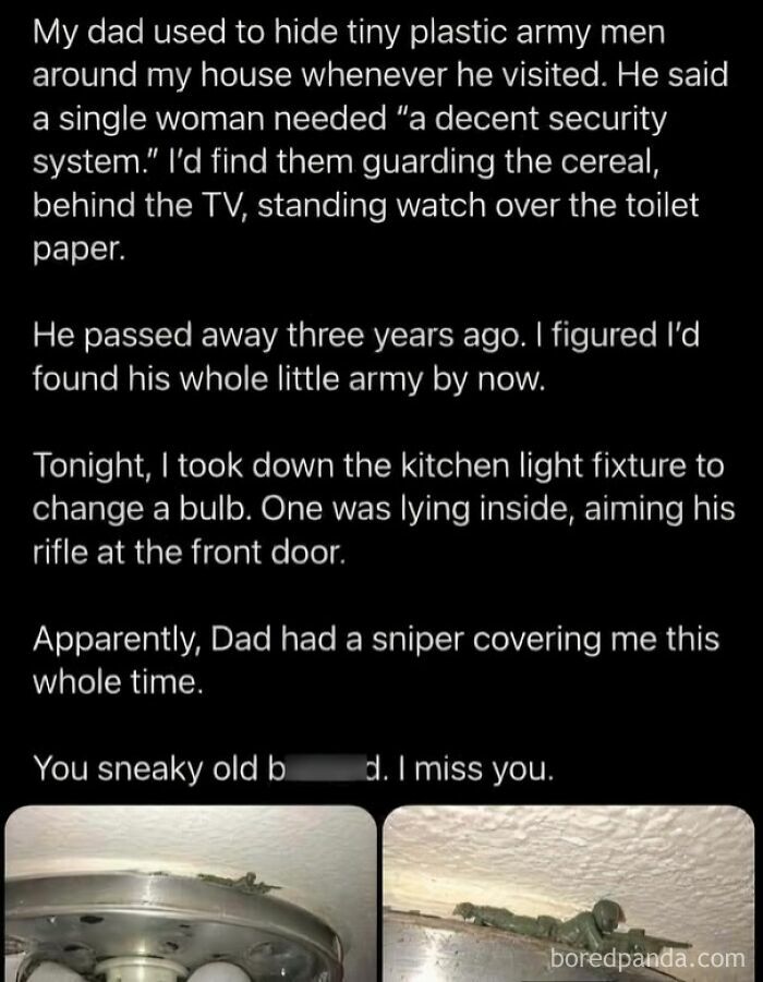 Heartfelt feral internet post about dad hiding plastic army men as security with photos
