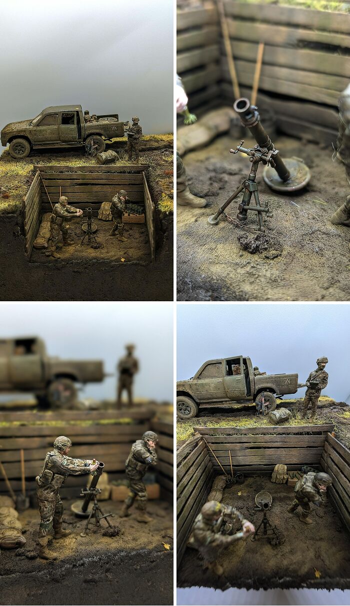 Detailed military diorama miniature showing soldiers, truck, and mortar in trenches