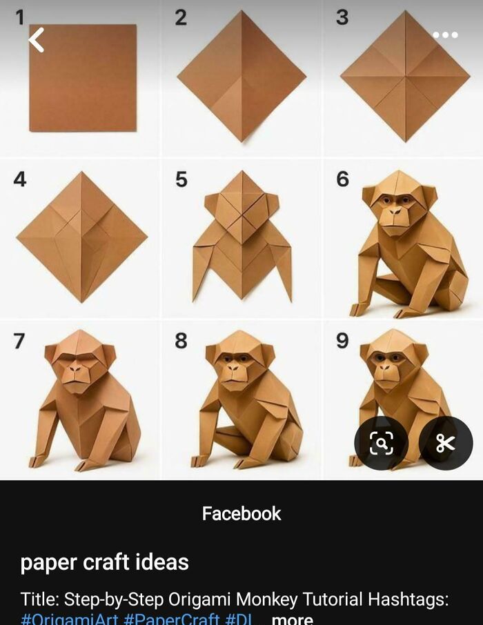 Confusing instructions diagram showing an impossible step by step origami monkey fold.