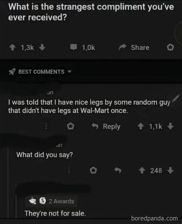 Screenshot of strange compliment post about nice legs from a legless man