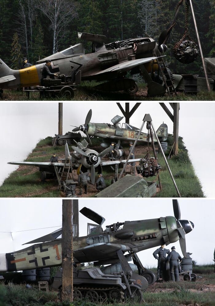 Three different detailed miniature WWII aircraft models in forest and hangar scenes