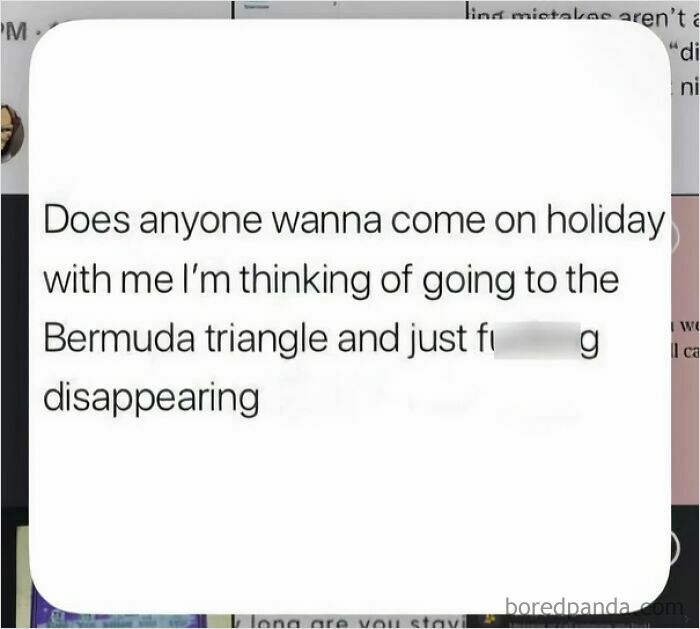 Social media post joking about disappearing in the Bermuda Triangle holiday.