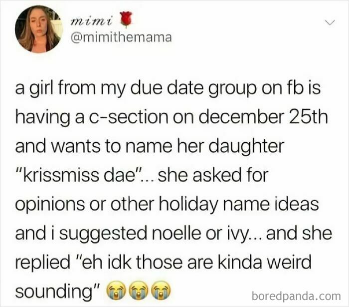 Tweet discussing unusual baby name ideas and holiday name suggestions