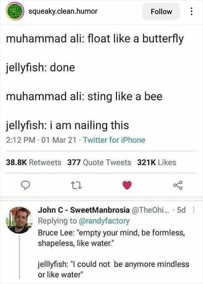 Biology meme quoting Muhammad Ali and jellyfish with humorous reply