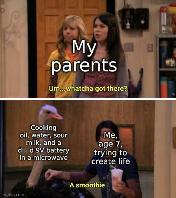 Meme of child trying to create life with cooking items labeled as parents and child