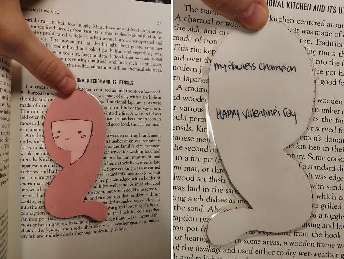 Side-by-side view of a cute bookmark and handwritten note, illustrating a unique found paper discovery.