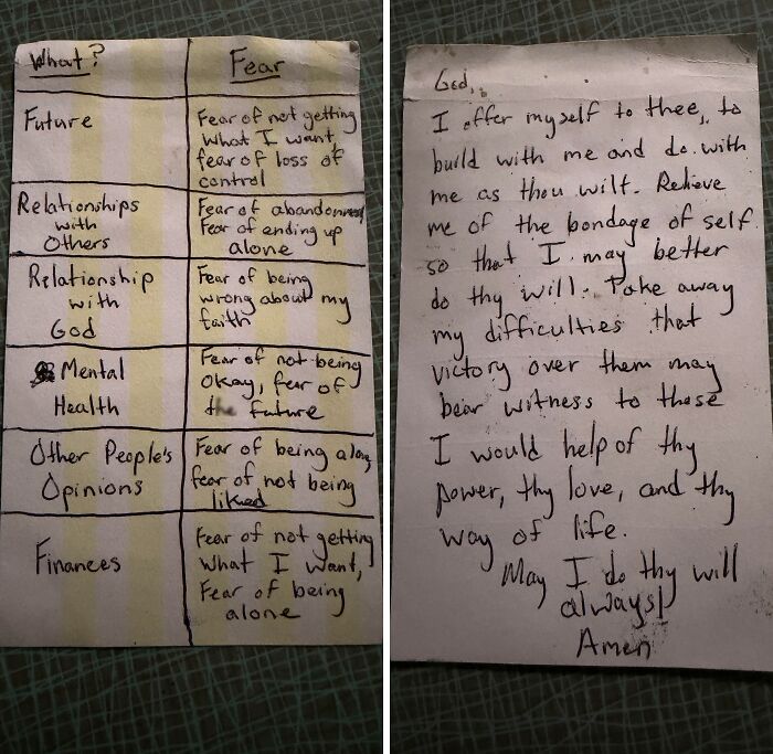 Found paper note listing categories of personal fear and a handwritten prayer.