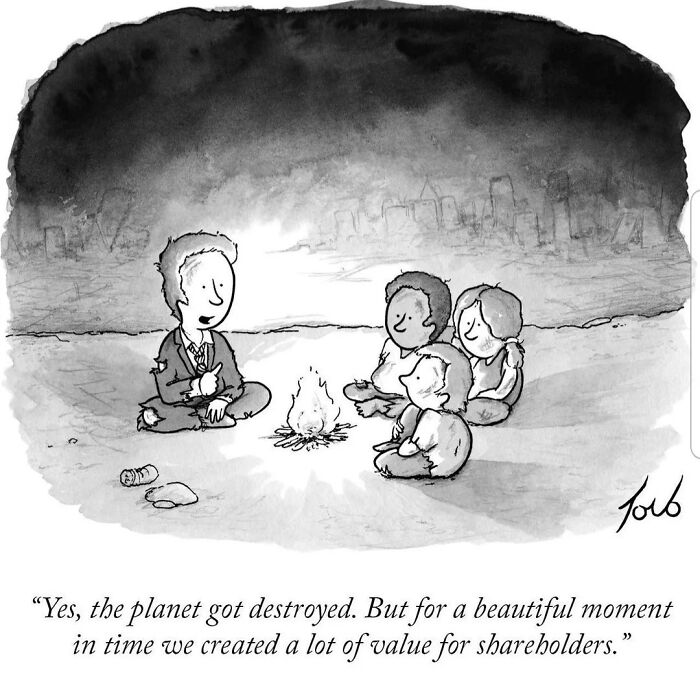 Darkly funny cartoon of a businessman telling children about the planet being destroyed but creating shareholder value, by Joe Mohr