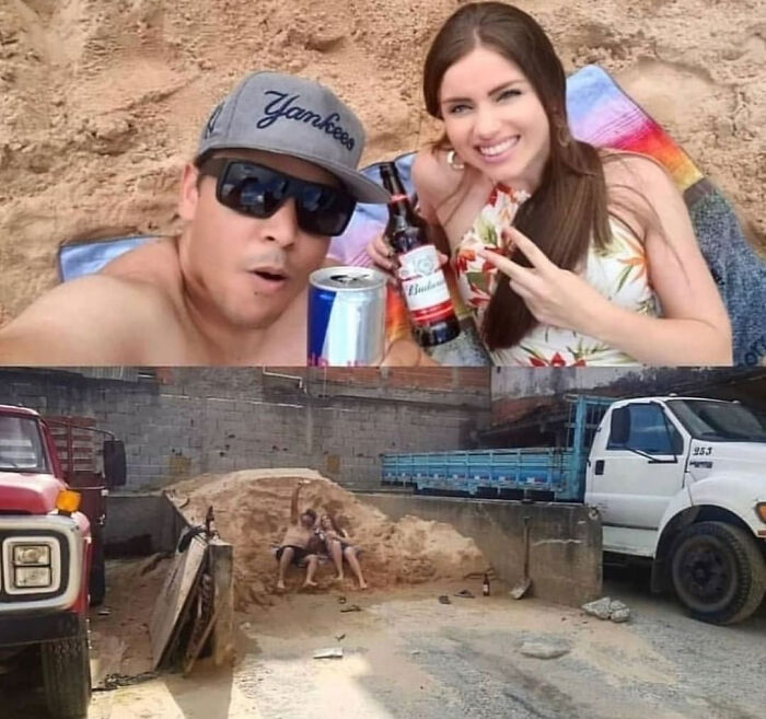 A couple stages a fake beach selfie on a construction sand heap in public spaces.