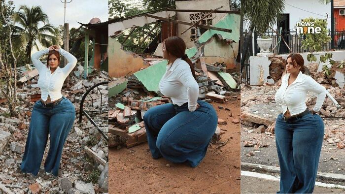 Influencers pose among earthquake debris in public spaces for a social media photoshoot