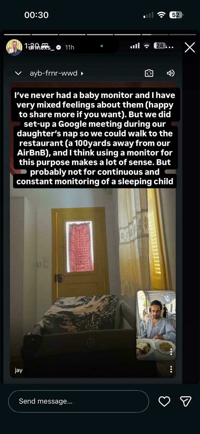 Influencers use a Google video call setup to monitor a baby room from a restaurant.