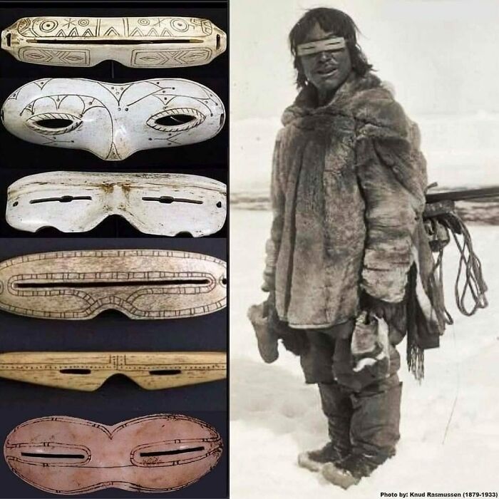 Traditional Inuit snow goggles carved from bone alongside a man wearing them, highlighting cool history facts.