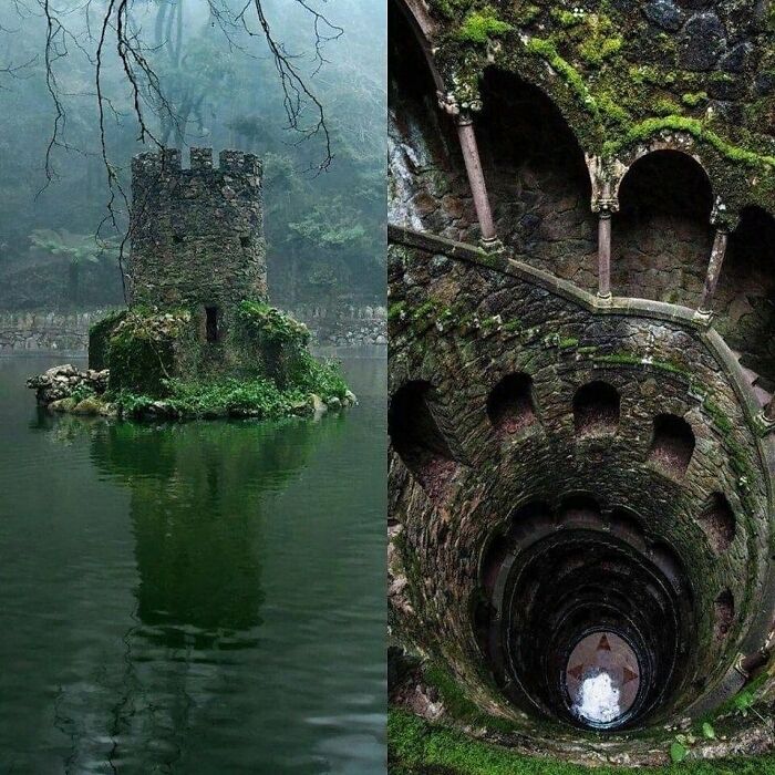 A mossy stone tower in water beside a deep spiral well, revealing surprising facts about the past.