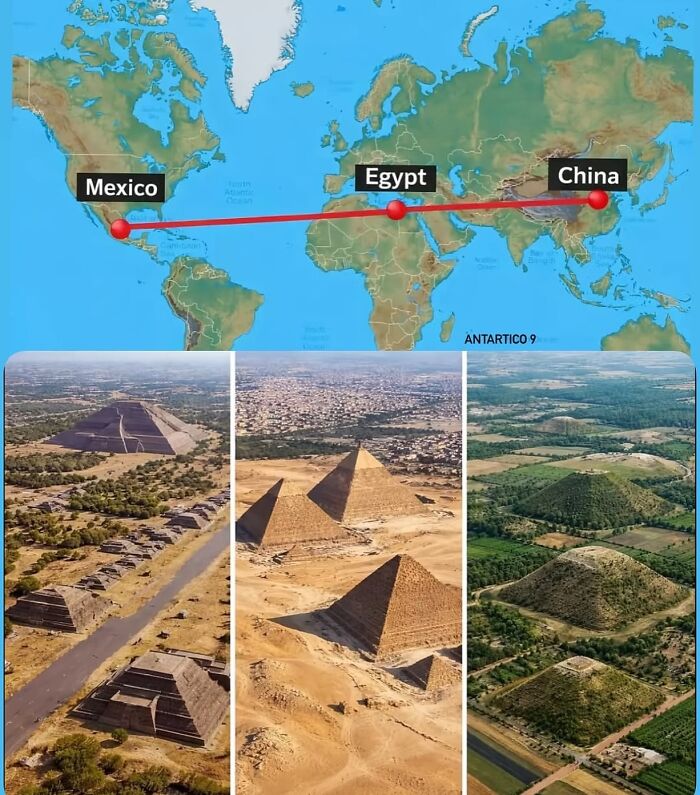 World map showing pyramids aligned across Mexico, Egypt, and China, illustrating surprising facts about the past.