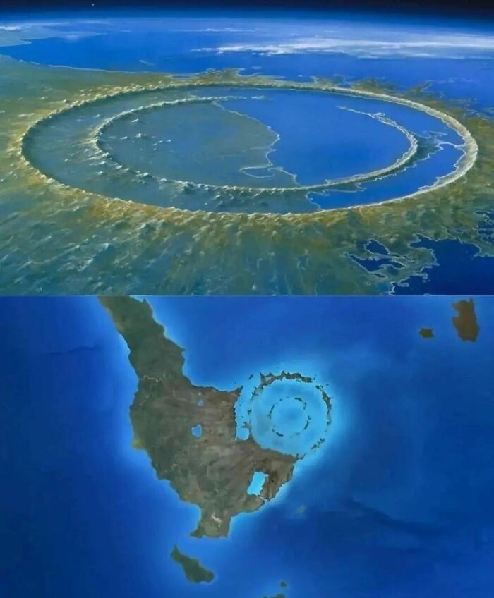 Aerial view of a massive circular crater in the ocean illustrating cool history facts.