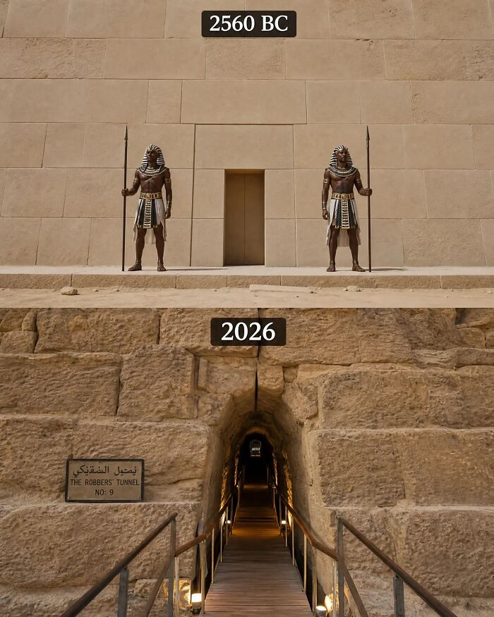Comparison of ancient Egyptian pyramid entrance in 2560 BC and modern tunnel in 2026 showing cool history facts.