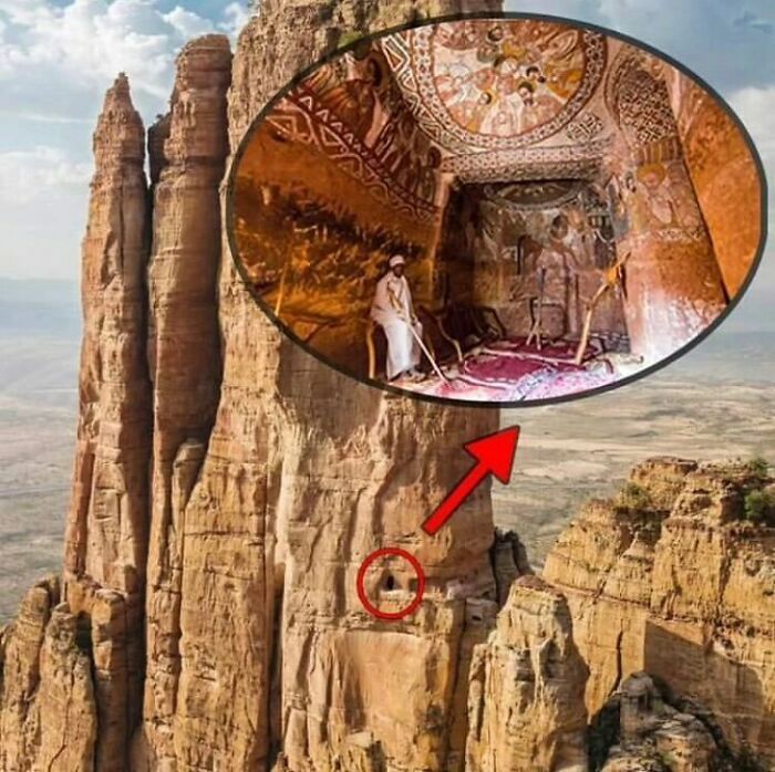 An aerial view of a steep cliffside monastery with detailed inset paintings, illustrating cool history facts.